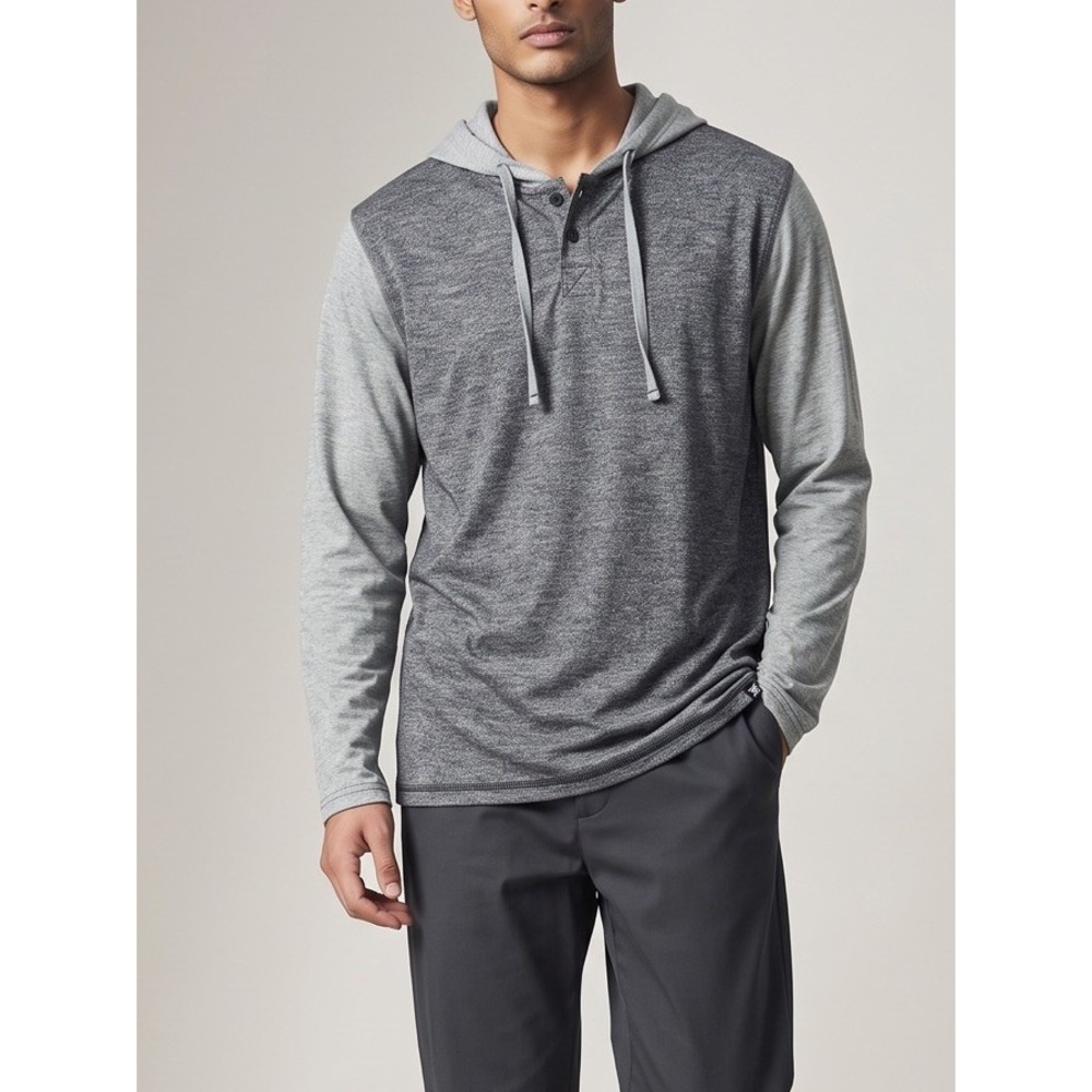 RAW YARN INDUSTRIES Mens L Gray Heather Lightweight Henley Pullover Hoodie